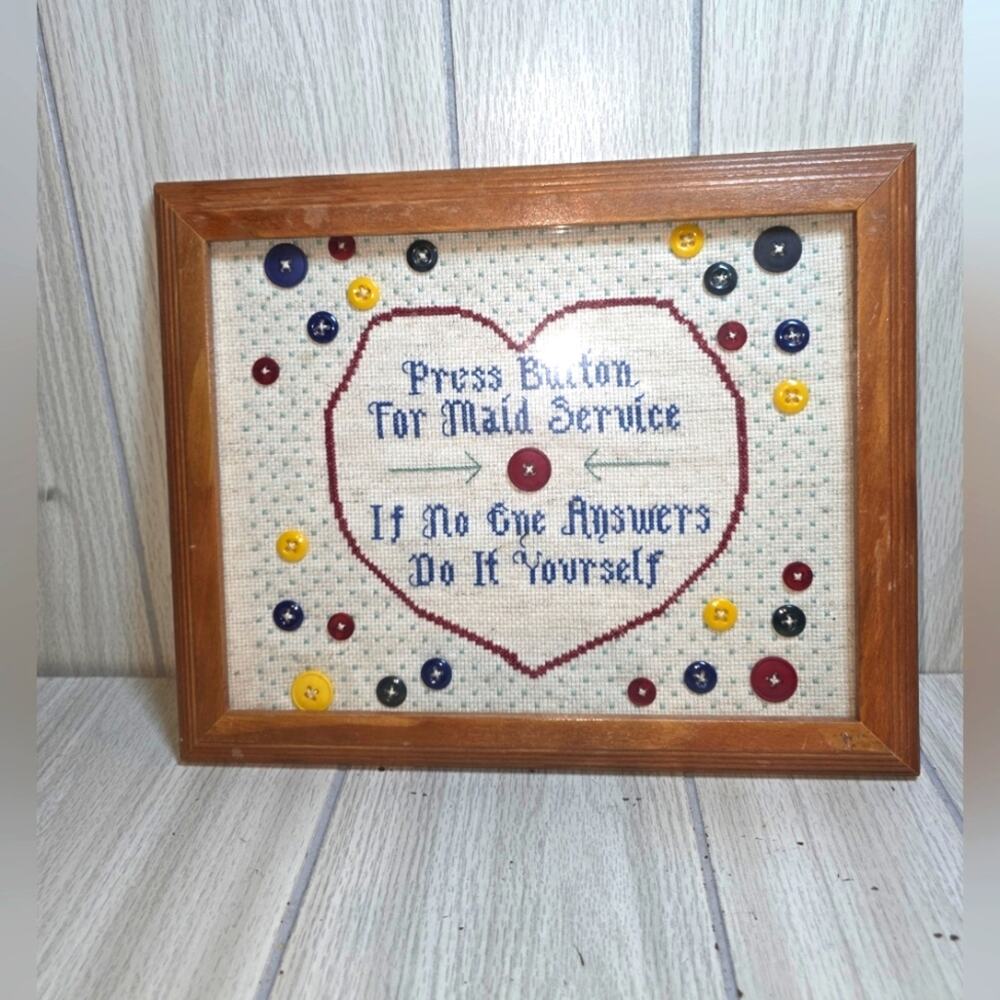 Vintage 90s Framed Cross-Stitch Press Button For Maid Service Wall Art